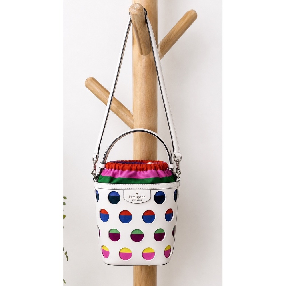 Kate Spade New York White Polka Dot Bucket Drawstring Crossbody Multicolor Lined